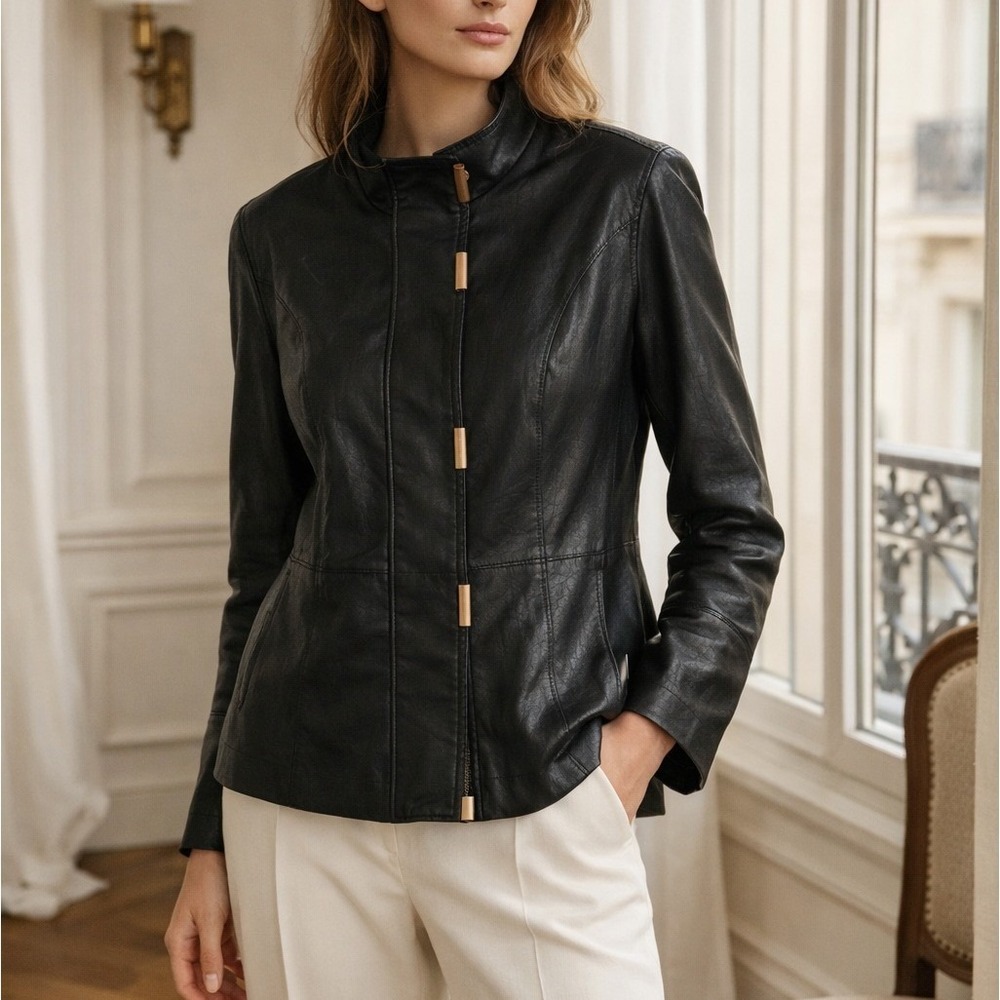 La Torre Italy Italian Sz 50 US 14 LARGE Black Leather Quiet Luxury Jacket Coat